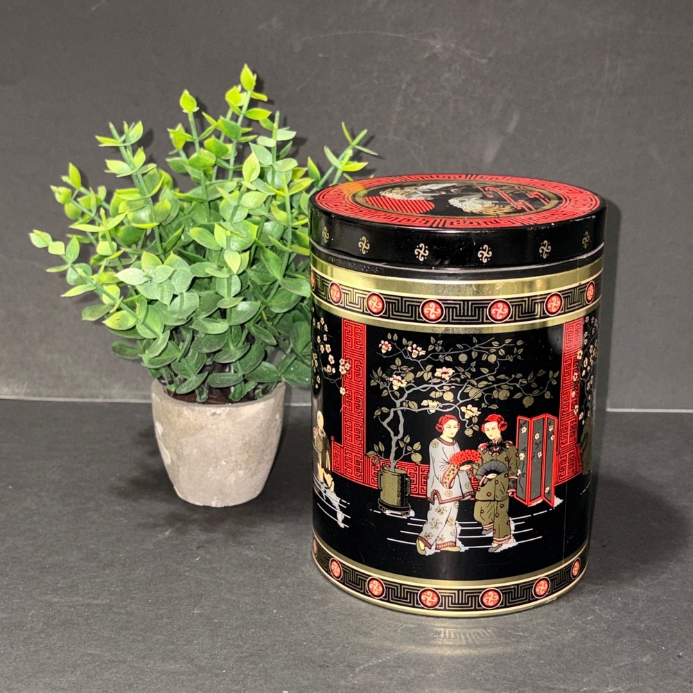 Vtg Chinoiserie Metal Tin Canister Black Red Gold Crane Asian Art Decor 6in